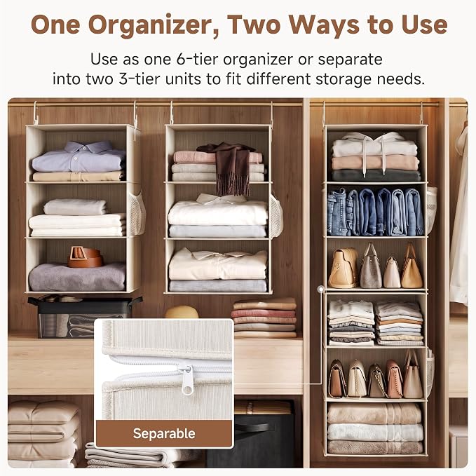 StorageWorks 6-Shelf Jumbo Closet Organizers, Two 3-Shelf Separable Hanging Shelves for Closet, 13 "D x 15" W x 47 ¼" H,Mixing of Beige, White & Ivory - Image 3