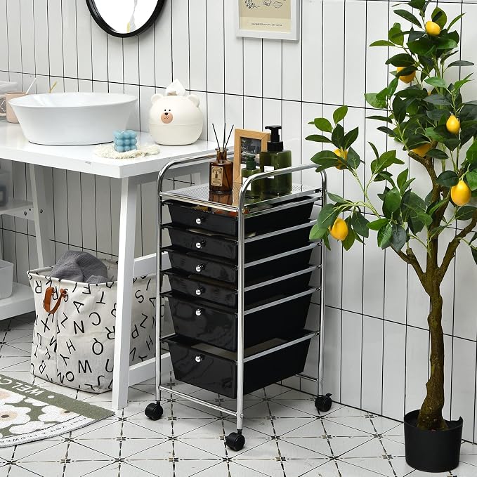 Giantex Rolling Storage Cart with 6 Drawers, Multipurpose Mobile Organizer Cart for Tools Scrapbook Paper Home Office School (Black) - Image 8
