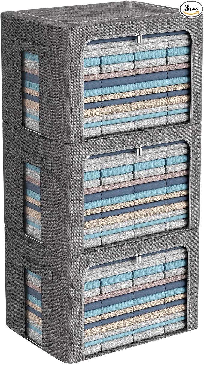 CYhom 3Pack Foldable Storage Bins - Frame Storage Box Linen Fabric Stackable Clothes Container Organizer with Clear Window & Carry Handles Large Capacity (Extra Large-100L, Dark Gray) by CYhom