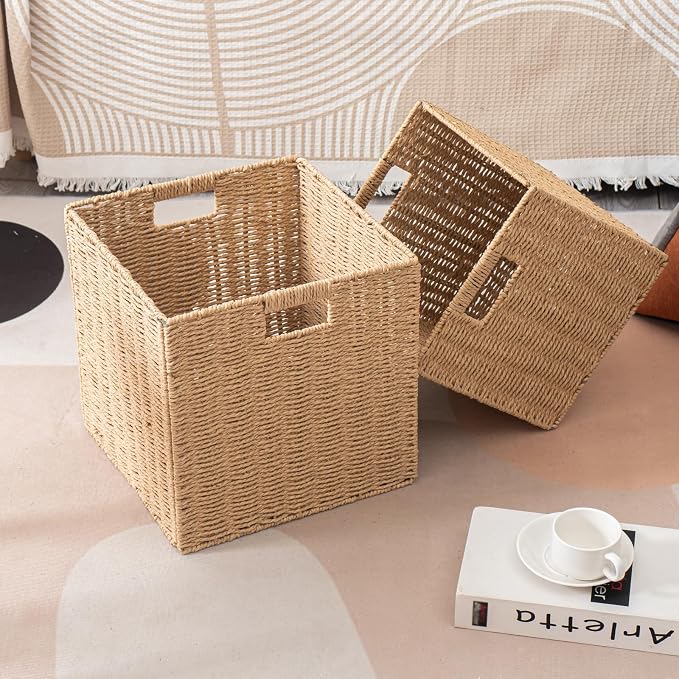 Foldable Square Baskets Set of 4, Paper Woven Storage Cube Bins with Handles for Shelves Cubby Organizing (Natural, 13'' x 13'' x 13'') - Image 9