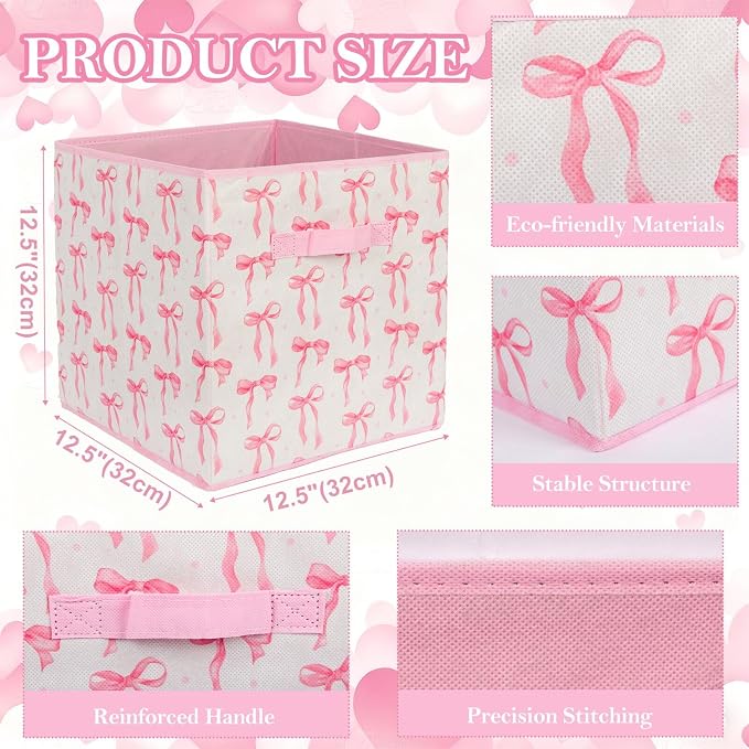 6 Pcs Pink Bow Cube Storage Bins 12.5 Inch Pink Storage Basket with Handle, Preppy Girls Organizer Basket, Collapsible Fabric Box for Classroom Bedrooms Office Home Decoration (Bow) - Image 2