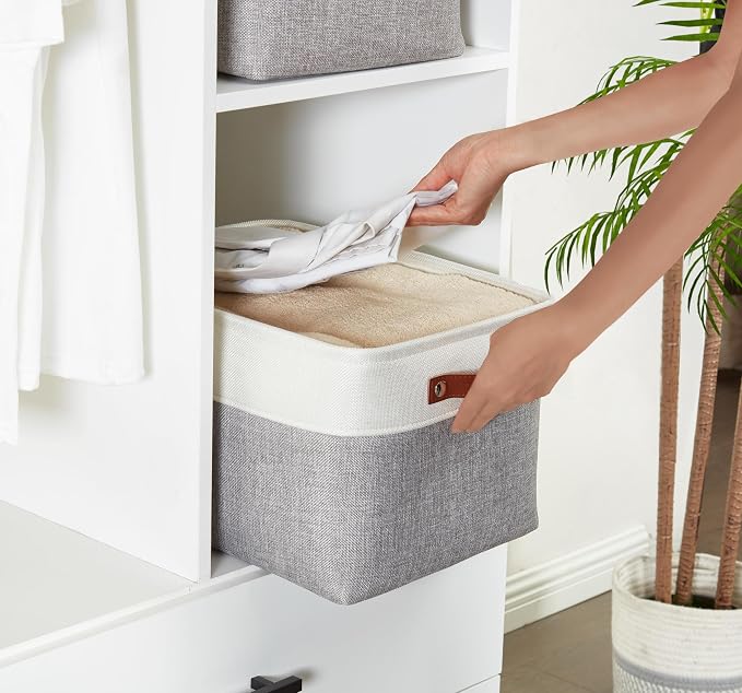 DECOMOMO Storage Bins, Large Fabric Storage Baskets for Shelves 3 Pack | 15 x 11 x 9.5 inches Decorative Linen Closet Organizers (Grey & White) - Image 2