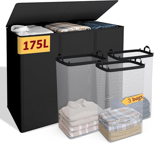175L Laundry Hamper 3 Section,Large Laundry Hamper with Lid,Dirty Clothes Hamper with 3 Inner Bags,Collapsible Laundry Basket Organizer for Laundry Room,Bedroom,Laundry Sorter Hamper 3 Compartment by Vincona