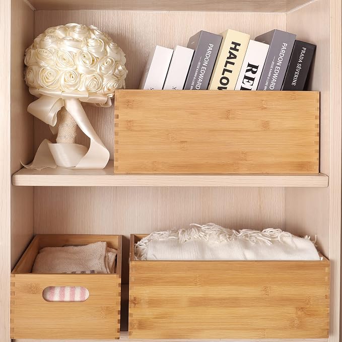 ANMINY Bamboo Storage Bins, Nesting 4PCS, Sturdy Mortise-Tenon Joint | Natural Bamboo Wood Boxes, Built-in Handles, Nestable for Space Saving, Sturdy Corner Joints, Decorative, for Pantry Shelf - Image 2