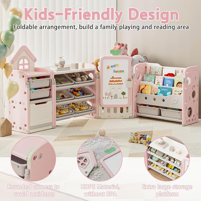 Kids Toy Storage Organizer with 10 Removable Bins, Foldable Toy Organizers and Storage with 3-Tier Bookshelf for Kids Toy Storage Organizer with Drawing Board, Extra 3 Brushes (4 In 1 Light Pink) - Image 3