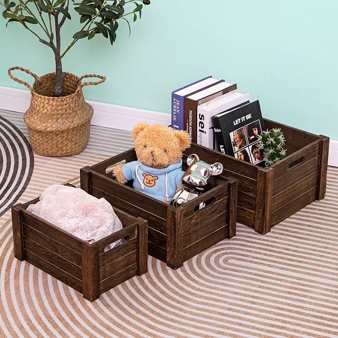 Large Vintage Brown Wooden Crates For Storage,Nesting Handmade Solid Wood Vintage Black Wood Storage Boxes.Storage Crates For Organizing. - Image 5