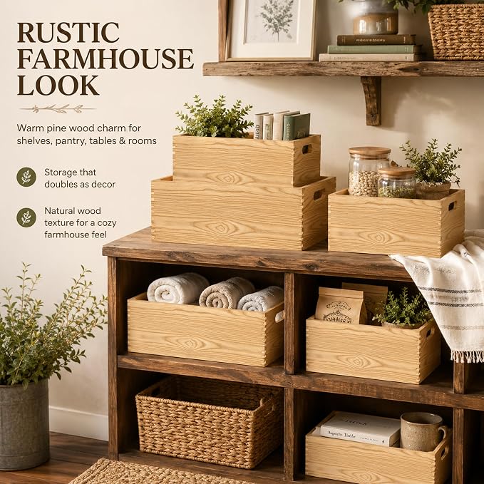 5 Pack Wooden Crates for Display Nesting Wood Crate for Storage with Handle | Rustic Handmade Farmhouse Wooden Basket for Storage and Containe, 5 Size Multipurpose Wood Basket for Fruits Vegetables Boxes - Image 3