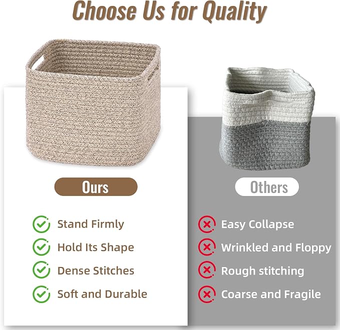 3 Pack Cube Storage Bin, 9”x9”x7” Cotton Rope Woven Baskets for Organizing Toys Clothes Towels, Square Gift Storage Baskets for Shelves, Nursery, Closet, Bathroom, Pantry (Jute) - Image 8
