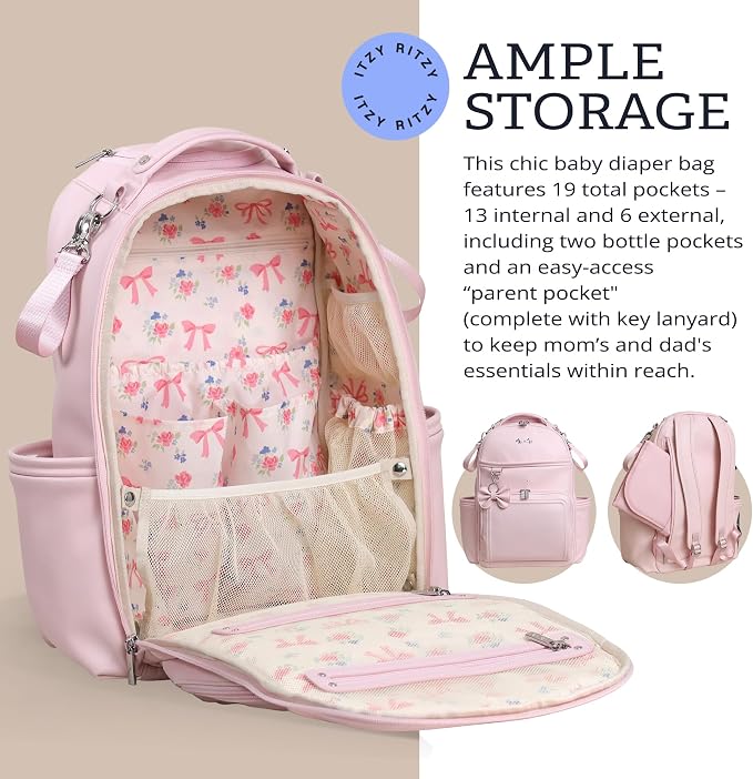 Itzy Ritzy Boss Plus Diaper Bag Backpack with 19 Pockets (Ribbons & Bows) | Large Diaper Bag Backpack Includes 2 Insulated Bottle Pockets, Changing Pad, Stroller Clips, Padded Straps, Travel-Ready - Image 6