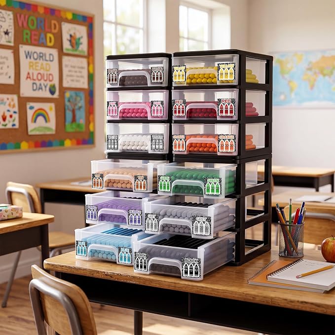 12 Pcs/ 4 Pack Plastic Crayon Organizer for Classroom Black | Crayon Storage Boxes for Marker Pen Art Craft Supplies Crayons Drawer Container for Classroom Office Table with Color Label - Image 3