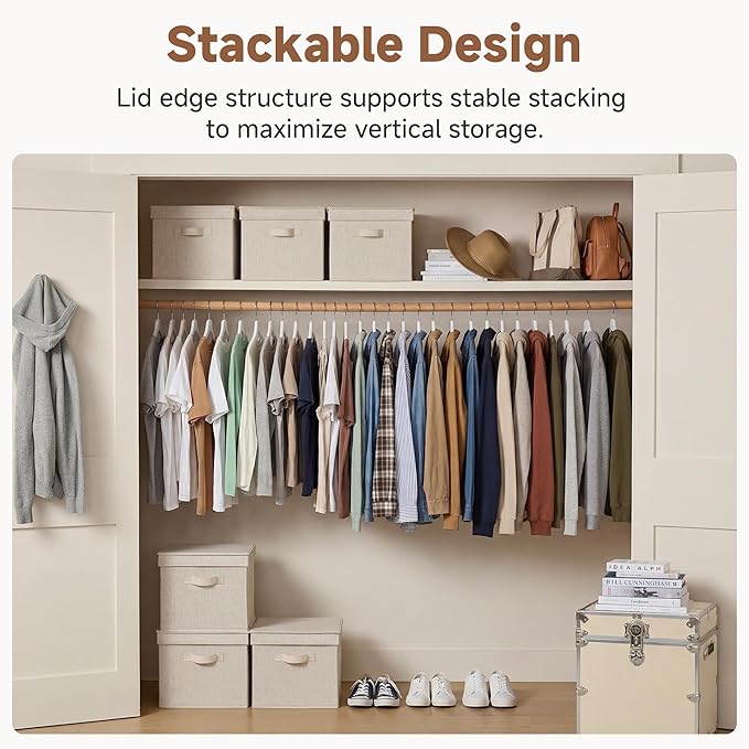 StorageWorks Fabric Storage Bins with Lids, Closet Storage Bins | Lidded Dust-proof, Easy Pull Handles, Foldable, Stackable, Ideal for Clothes Blanket Towel, Jumbo, Rustic Linen, 3-Pack - Image 3