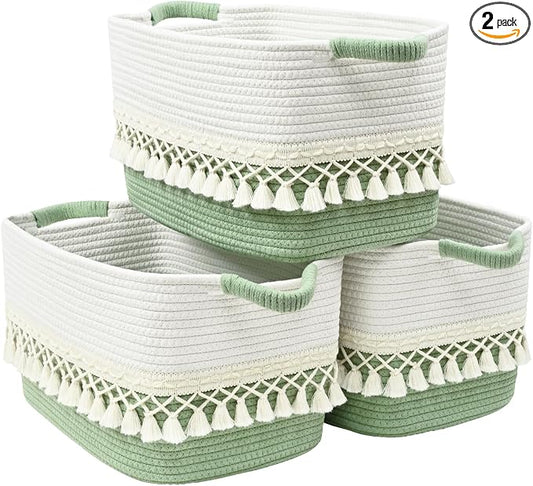 2 Pack Storage Basket, Heavy Tassel Woven Baskets for Storage, Boho Cotton Rope Storage Bin, Cube Organizer Bins, Baby Laundry Basket for Clothes, Toys, Diapers, Pets（White & Green） by Degeyoyo