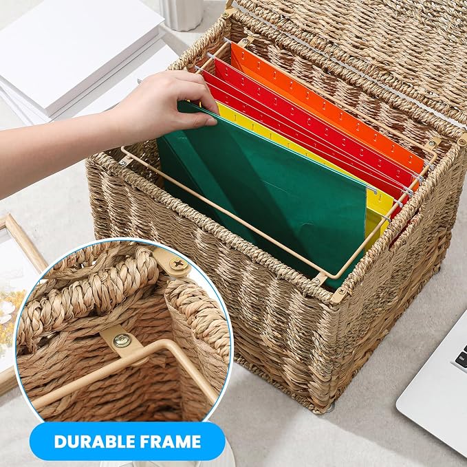 Decorative File Box 14 x 12 x 11 in Wicker Seagrass File Basket Organizer for Letter Size Hand Woven Hanging Filing Cabinet with Lid for Document Folder Home Office Decor, Water Hyacinth, Tricolor - Image 4