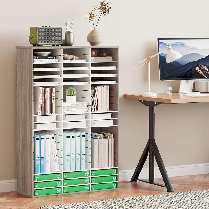 EasyPAG 60 Compartments Wooden Literature Organizer with Adjustable Shelves, 30000 Sheets Capacity Paper Organizer, Classroom Mailbox and Mail Sorter for Teachers and Office, Retro Gray/White - Image 6