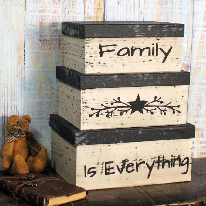Primitive Vintage Rectangular “Family is Everything” Cardboard Nesting Boxes, Large 12 X 9 X 5-1/2 Inch. Set of 3. - Image 4