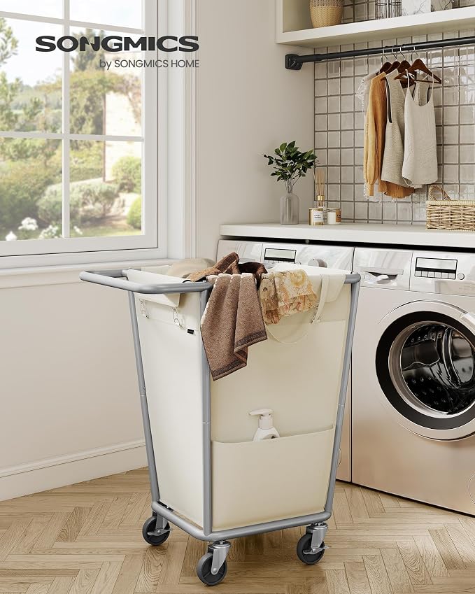 SONGMICS Laundry Basket with Wheels, 34.3 Gallons (130 L) Rolling Laundry Hamper with Removable Bag, Heavy-Duty Steel Frame, Cream White URLS008W01 - Image 2