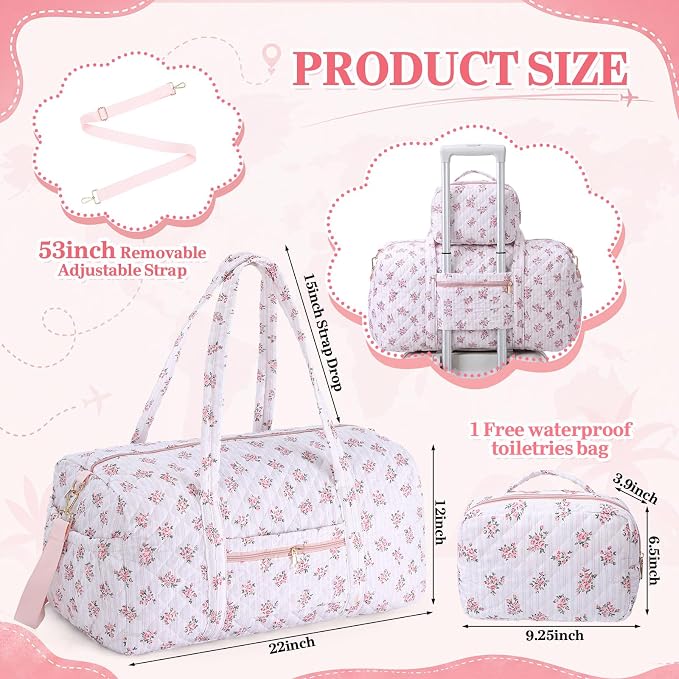 Dansydaisy Quilted Weekender Bag for Women with Makeup Pouch, Pink Floral | Large Duffle Bag, Trolley Compartment & Zipper Pocket, Adjustable Carry Strap, for Mommy Dancers Travel Gym Hospital - Image 3