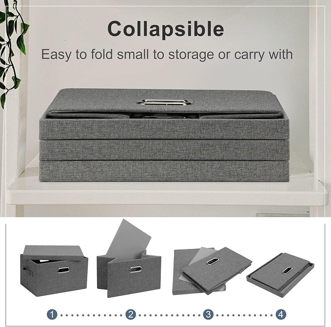 Graciadeco Medium 15" 21 Quart Collapsible Stackable Storage Bins with Lids, 1 Pack Gray Foldable Fabric Closet Storage Boxes with Lids, 4 Handles Heavy-duty Linen Cube Baskets for Bedroom | 21 Quart 1 Pack Gray1 Collapsible Stackable Linen Fabric 4 Ha... - Image 4