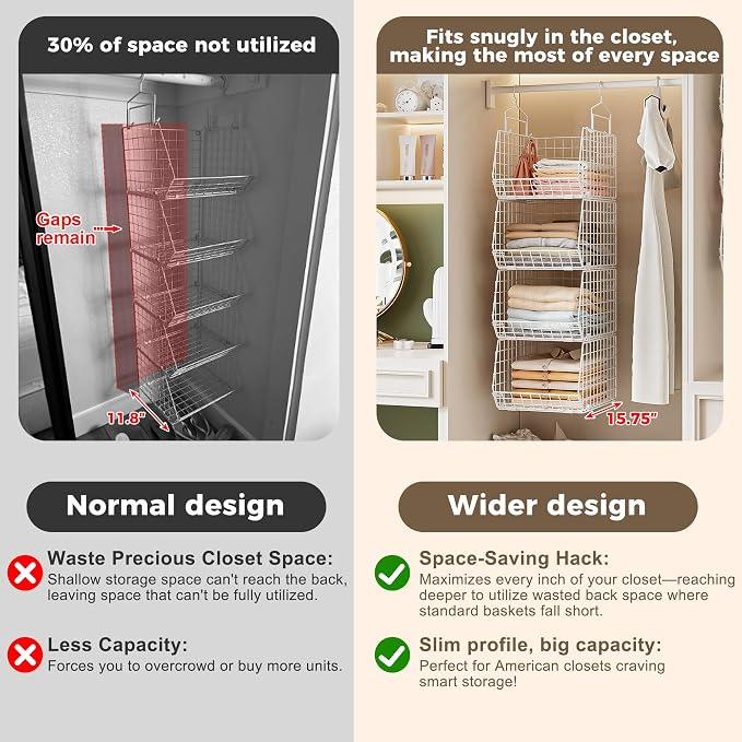 4" Extra Deeper Foldable Hanging Closet Organizer, Small Wire Cabinet Shelves and Storage with 5 S Hooks,4 Tier Metal Basket Bins for Clothes Sweaters Handbags, Wardrobe for Kitchen Laundry Room，White - Image 3