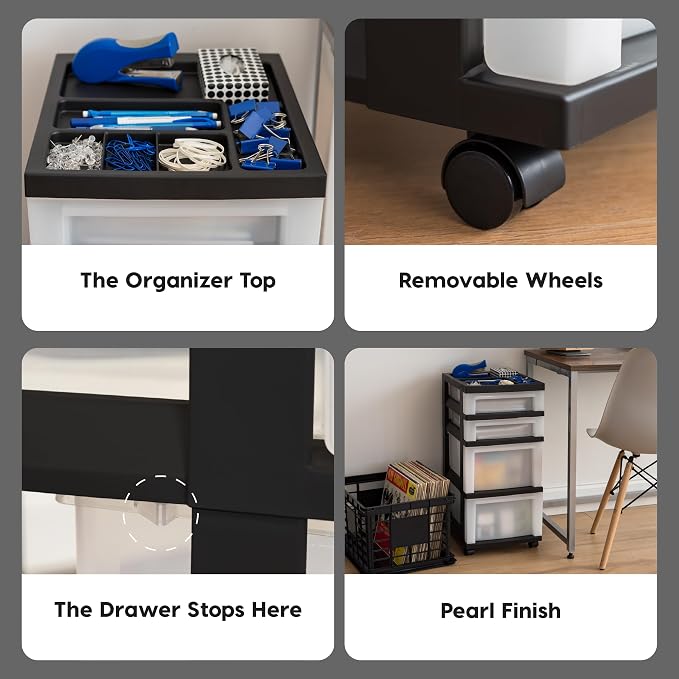 IRIS USA 4-Drawer Rolling Storage Cart with Organizer Top, Black/Pearl | Keep classroom supplies, teacher essentials, craft materials, and learning tools organized with easy-access drawers. - Image 7