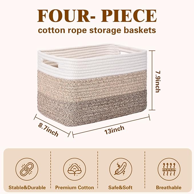 Storage Baskets for Organizing, 4 Pack Baskets for Shelves, Decorative Storage Bins for Shelves, Cotton Rope Storage Basket with Handles, Woven Basket for Storage, 13''Lx8.7''Wx7.9''H, Gradient Brown - Image 3