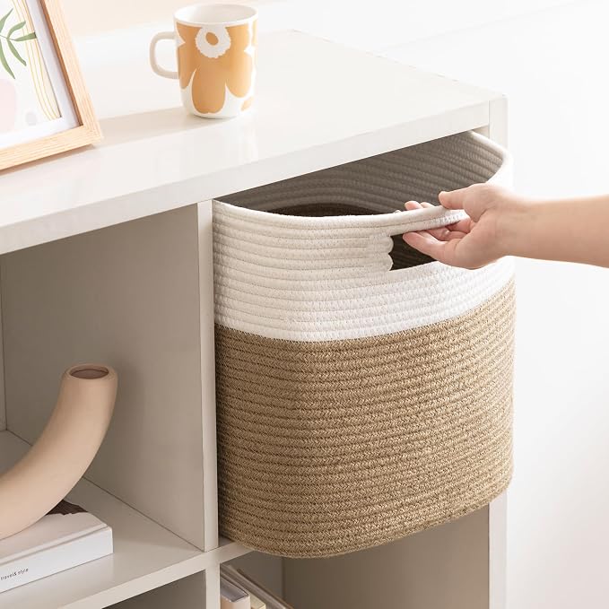 UBBCARE Set of 4 Storage Basket-13 X 13 X 13 in, Cotton Rope Basket for Shelves, Toys, Book, Cube Storage Bins with Handles, Woven Storage Basket for Organizing, White & Jute - Image 6