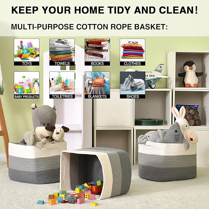 Storage Baskets for Organizing Shelves, Woven Cotton Rope Basket for Storage, Dog Toy Baskets Storage Kids, Book Bins for Living Room Bedroom, 14.8"×11"×9.5", Pack of 3, Gradient Grey - Image 4