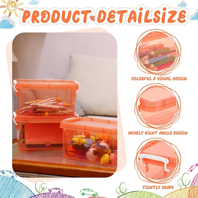 6 Pack Colorful Plastic Storage Bins with Lids 4 Quart Small Storage Latch Box Stackable and Nestable Clear Organizer Bins with Latching Handle and Buckle for Organizing(Orange) - Image 3