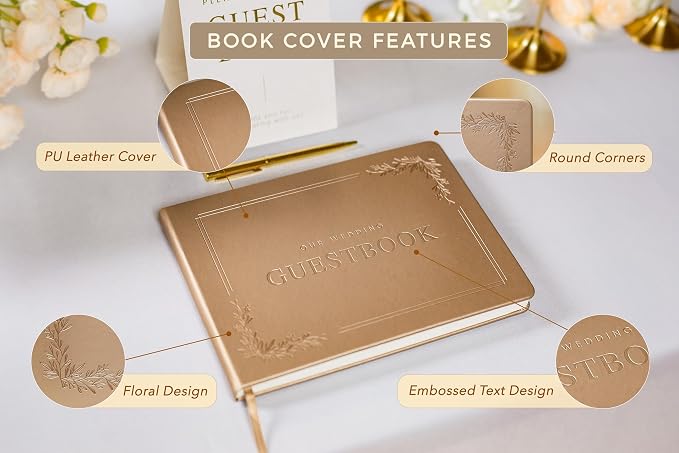 Floral Embossed Wedding Guest Book Set - 9 x 7.5 Hardcover Guestbook for Wedding Reception Sign in, Messages, Bridal Shower Engagement Party (Champagne Gold) - Image 3