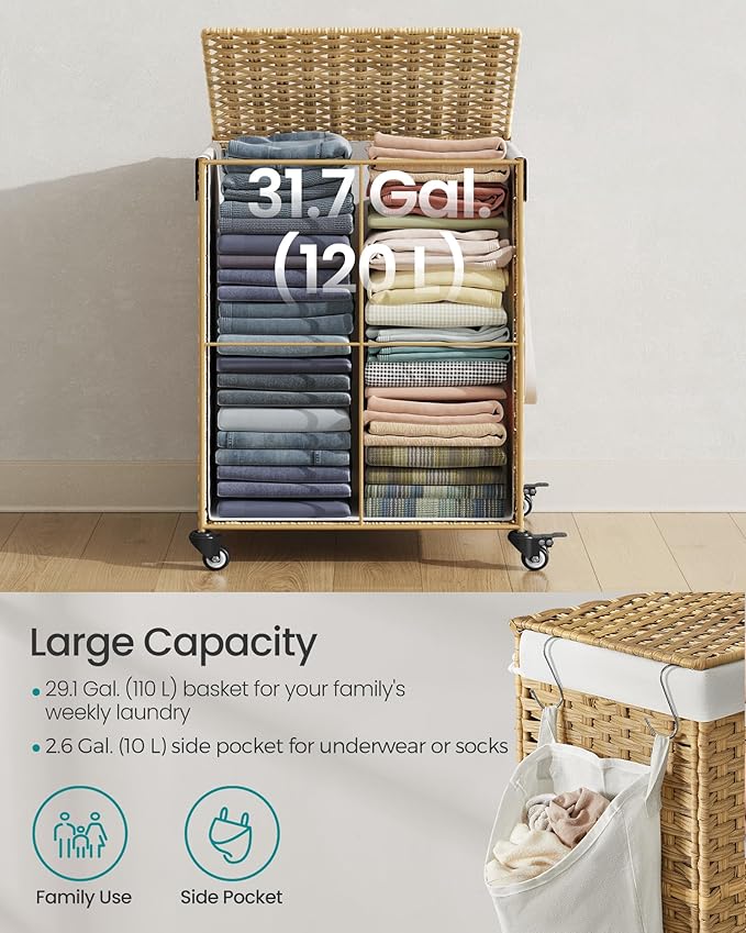 SONGMICS Laundry Hamper with Lid, 31.7 Gallons (120 L), Rolling Laundry Basket with Wheels, Synthetic Rattan, Removable Liner, Bedroom, 18.1 x 15.7 x 26 Inches, Natural Color ULCB161Y01 - Image 4