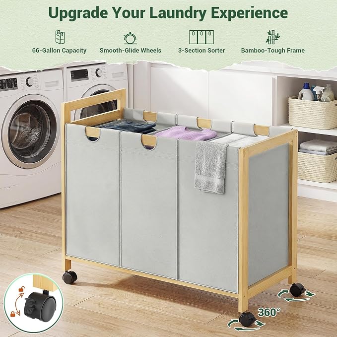 250L Laundry Sorter Cart with Wheels, 3-Section Rolling Laundry Basket with Removable Bags, 66 Gal Large Laundry Hamper Organizer, Heavy Duty Bamboo Frame, Water-Resistant, Grey - Image 2
