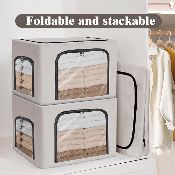 GuliPostan 3 Pack 40L Stackable Clothes Storage Bins with Metal Frame Handles & Zipper, Collapsible Closet Organizer Box with Lid for Bedding Blankets Towel (Light Grey) - Image 2