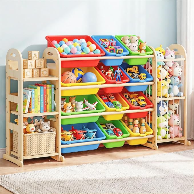 Kids Toy Storage Organizer, Toy Organizers and Storage with Stuffed Animal Storage, Toy Storage Shelf with 3 Shelves, 12 Storage Bins, Kids Bookshelf, Toy Holder for Playrooms, Bedrooms, Multi Color by Orekemo
