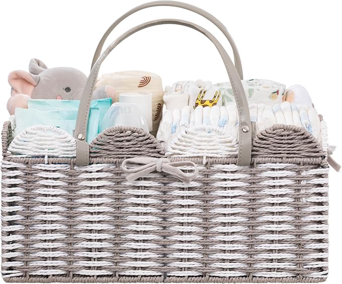 HBlife Baby Diaper Caddy, Paper Rope Storage Baskets Nursery Bin with Removable Divider, Portable Car Organizer for Diapers, Baby Shower Gifts, Newborn Essentials Must Haves by HBlife