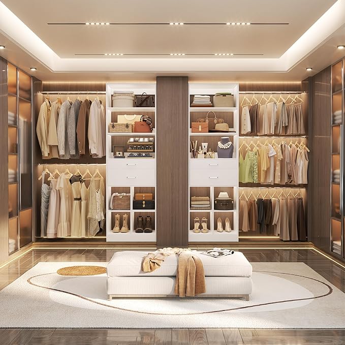 Besiost Closet System, 4-8 FT Closet Organizer Tower with 2 Wooden Drawers and Shelves, Can Fit 60 to 96 inch Walk-in Closet System with 5 Hanging Rods, Built-in, White - Image 6