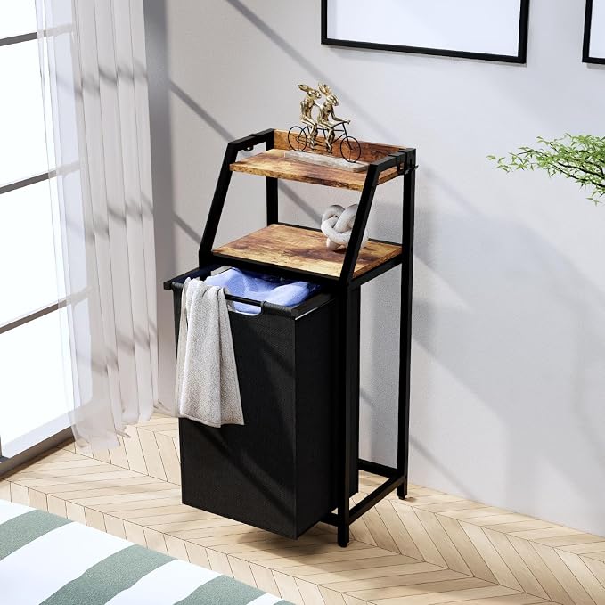 Laundry Hamper, Laundry Sorter, Rolling Laundry Basket with Wheels, 2 Shelves, 18 Gal(68L), Pull-Out and Removable Oxford Fabric Bags, for Laundry Room, Black and Rustic Brown - Image 8