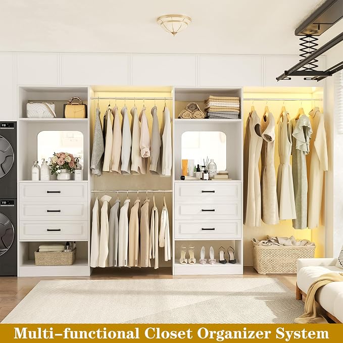 Unikito 6-14FT Wood Closet System with 6 Drawers and Mirror, White | Sturdy walk-in organizer wardrobe for clothing, clothes rack with 3 hanging rods, freestanding garment storage tower. - Image 6