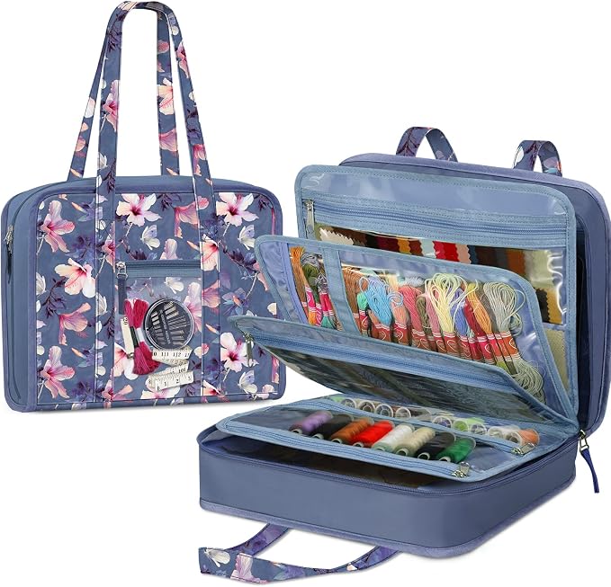 FINPAC Sewing and Craft Supplies Storage Tote Bag with Clear Pockets | Large Art Organizer Caddy Travel Packing Shoulder Bag for Knitting, Sewing Accessories, Blooming Hibiscus by FINPAC