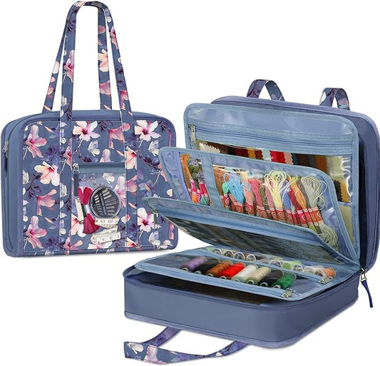 FINPAC Sewing and Craft Supplies Storage Tote Bag with Clear Pockets | Large Art Organizer Caddy Travel Packing Shoulder Bag for Knitting, Sewing Accessories, Blooming Hibiscus by FINPAC