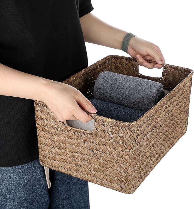 Hipiwe Wicker Storage Bin Handwoven Opened Baskets for Shelf Organizing | Rectangular Decorative Basket, Seagrass Closet Bedroom Organizer Bin Box Multipurpose Storage Basket with Handle - Image 5