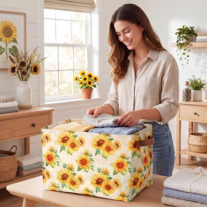 Fourluoo 6 Pack Sunflower Storage Basket with Handles Sunflower Clothes Storage Basket Bin Foldable Box Bins Organizer for Closet Shelf Nursery Kid Room Book Toy Chest - Image 4