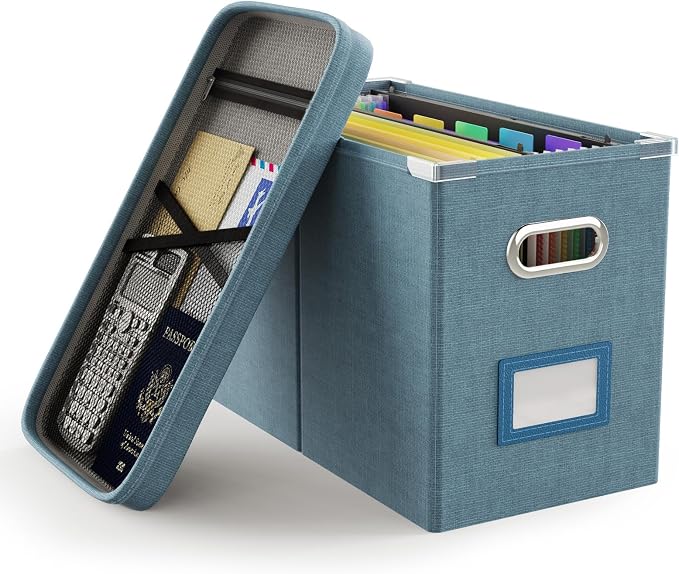 File Organizer Box with Lid, Hanging Filing File Box with Mesh Pocket, Document Organizer Box for Letter Files, Portable Storage Box with Smooth Sliding Rail for Office&Home (1 PCS, Dark-blue) by Oterri