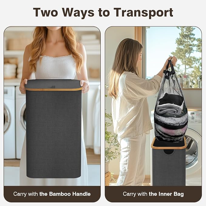 Laundry Hamper with Lid, Laundry Basket with Removable Bag, Grey | 100L Large Dirty Clothes Hamper with Handle, Freestanding Bamboo Laundry Hamper for Bedroom, Bathroom, Laundry Room - Image 3