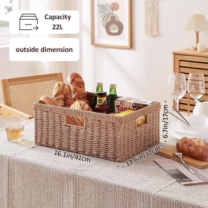 OIAHOMY Wicker Storage Basket, Rectangular Paper Rope Shelf Baskets with Built-in Handles, Woven Decorative Organizer for Pantry, Shelves, Living Room and Bathroom, 1-Pack Natural - Image 4