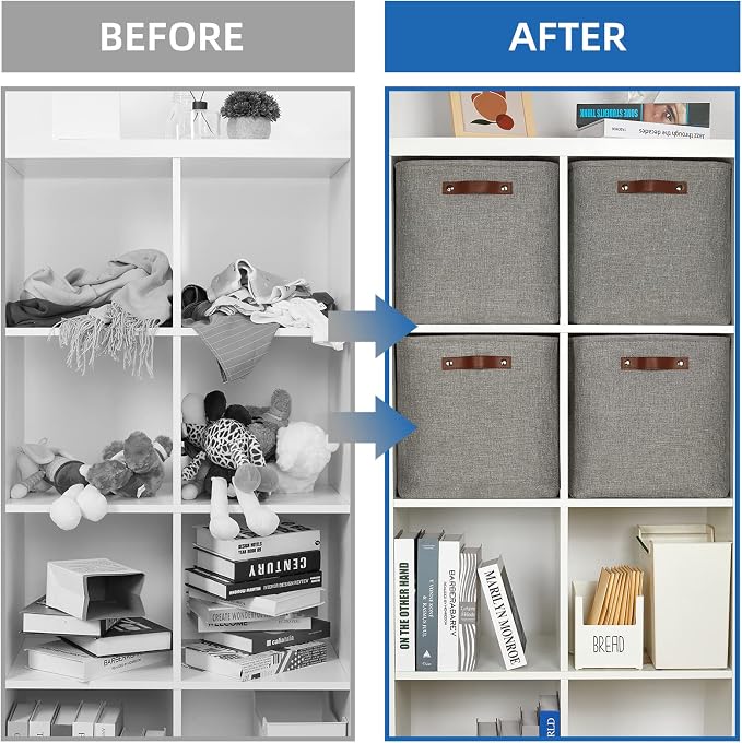 Temary Storage Baskets 13 Inch Fabric Storage Cubes for Shelves Set of 4 Storage Cube Bins for Home, Office, Storage Organizers for Toys with Leather Handles(Grey) - Image 6