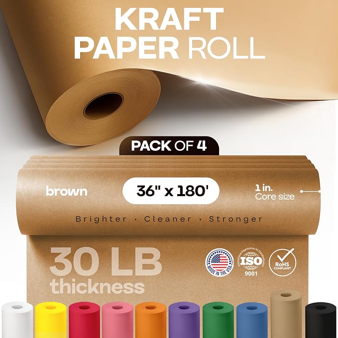 Brown Kraft Paper Roll 36" x 2160" (180 feet), Pack of 4 - USA-Made Brown Wrapping Paper 30lb Thickness for Packing, Moving, Shipping & Crafts - 100% Recycled Natural Craft Material by IDL Packaging - Image 4
