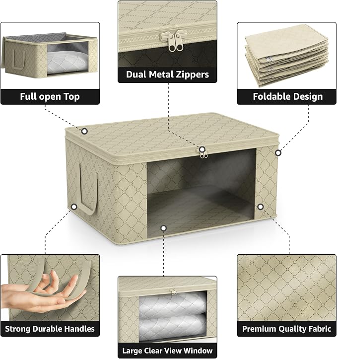 Sorbus Medium Clothes Storage Bags - Foldable Blanket Storage Bins for Organizing Bedroom, Closet, Clothing, Comforter, Organization with Clear Window, Lids and Carry Handles - Set of 3 - Image 5