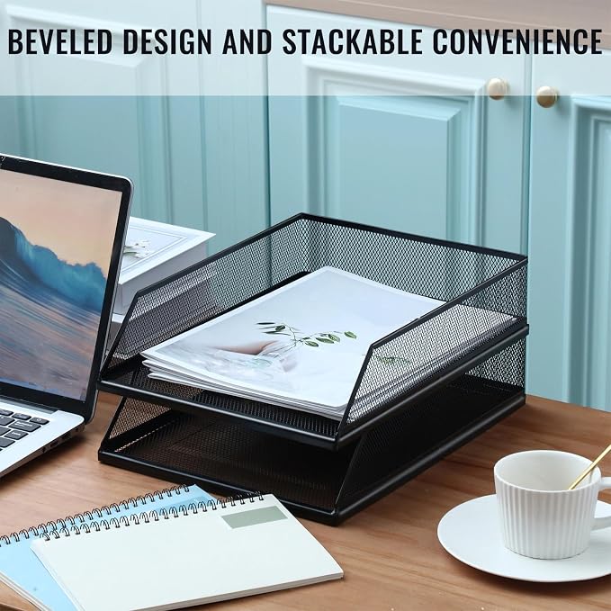 Hicarer 4 Pcs Black Metal Letter Tray Stackable Desk Tray Single Wire Mesh Organizer Front Load File Paper Holder for Desktop Office Home School Classroom (12.8 x 9.84 Inch) - Image 2