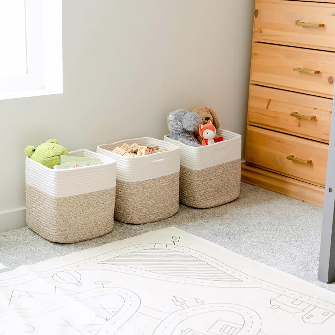 NaturalCozy 13 Inch Cube Storage Bins Cotton Rope Woven Baskets for Organizing 3-Pack | 13 x 13 Storage Cubes | Fabric Square Storage Baskets for Shelves Organizer, Kids Toy Bins, Closet Baby Nursery - Image 5
