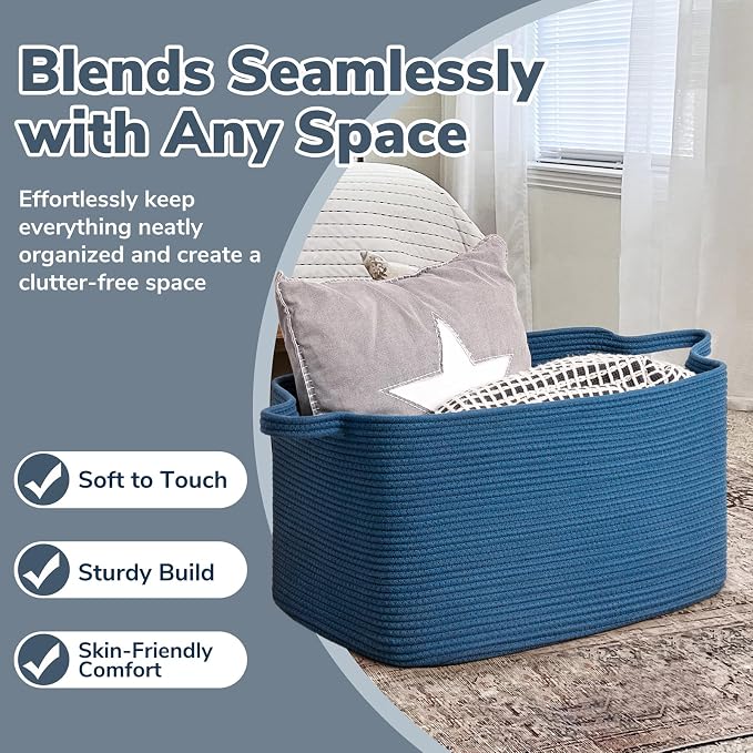 Goodpick Large Woven Rope Blanket Basket, Rectangle, Dark Blue | 21.6'' x 14.9'' x 11.8'' Storage Basket for Blankets & Toys, Living Room, Bedroom & Nursery Organization, Reinforced Handles - Image 5